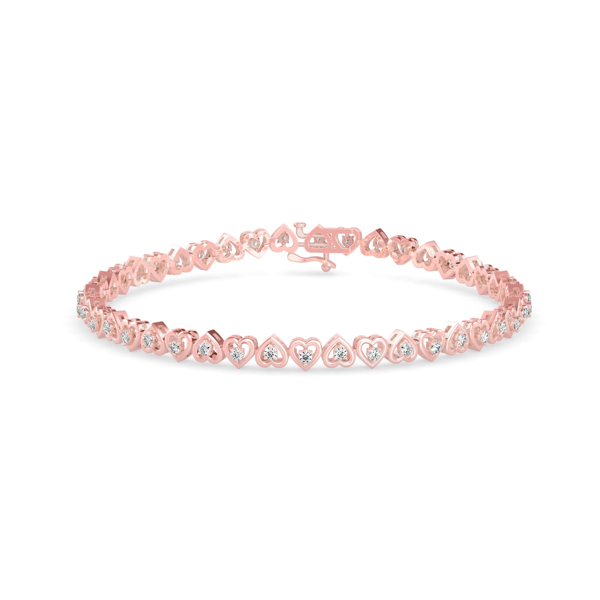 Graceful tennis bracelet featuring heart-shaped links and 2.62 ct round diamonds in 8.81 gm of 18kt gold. Lab grown diamond jewellery for an ethical choice.