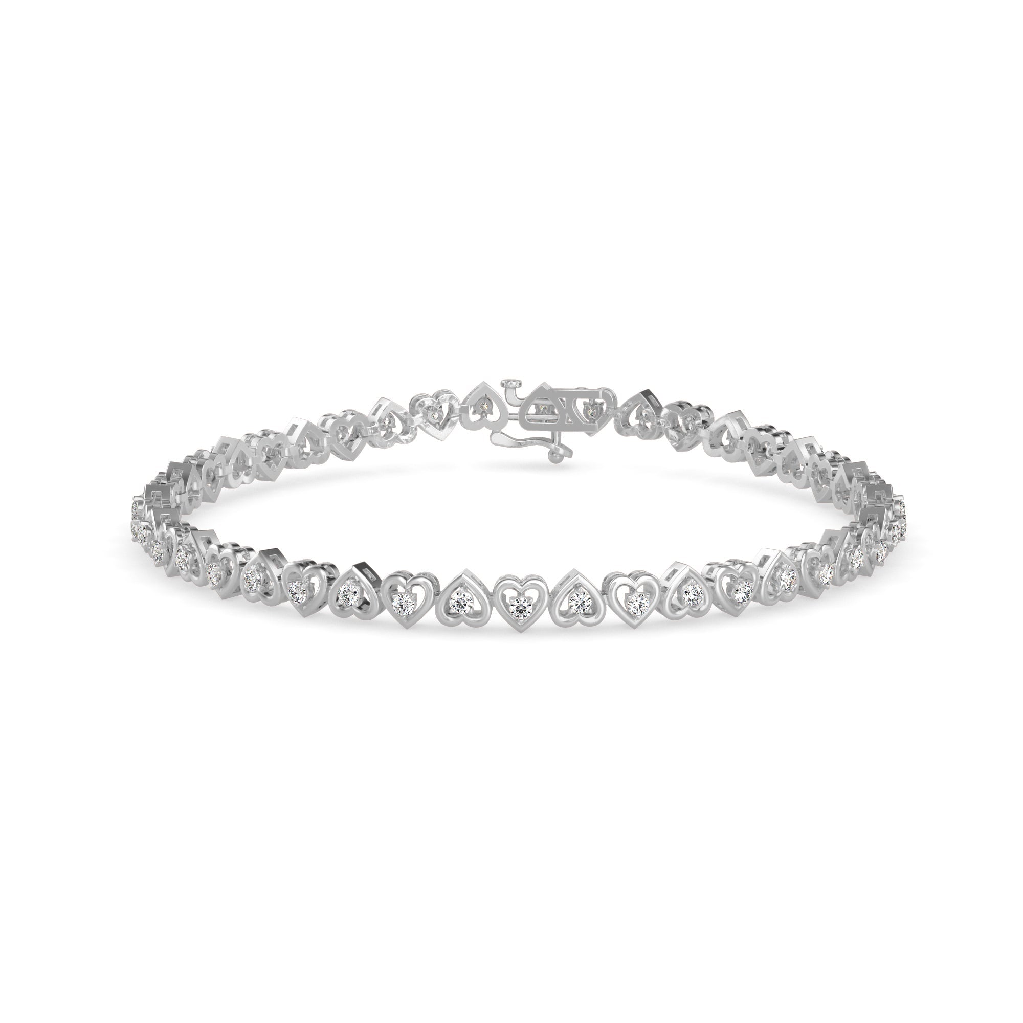 Graceful tennis bracelet featuring heart-shaped links and 2.62 ct round diamonds in 8.81 gm of 18kt gold. Lab grown diamond jewellery for an ethical choice.