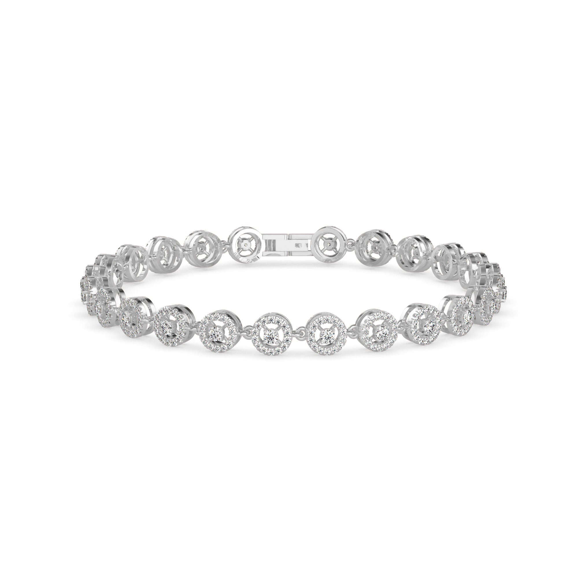 Radiant tennis bracelet with halo circle design, adorned with 1.85 ct round lab-grown diamonds in 12.55 gm of 18kt gold. Elevate your style ethically.