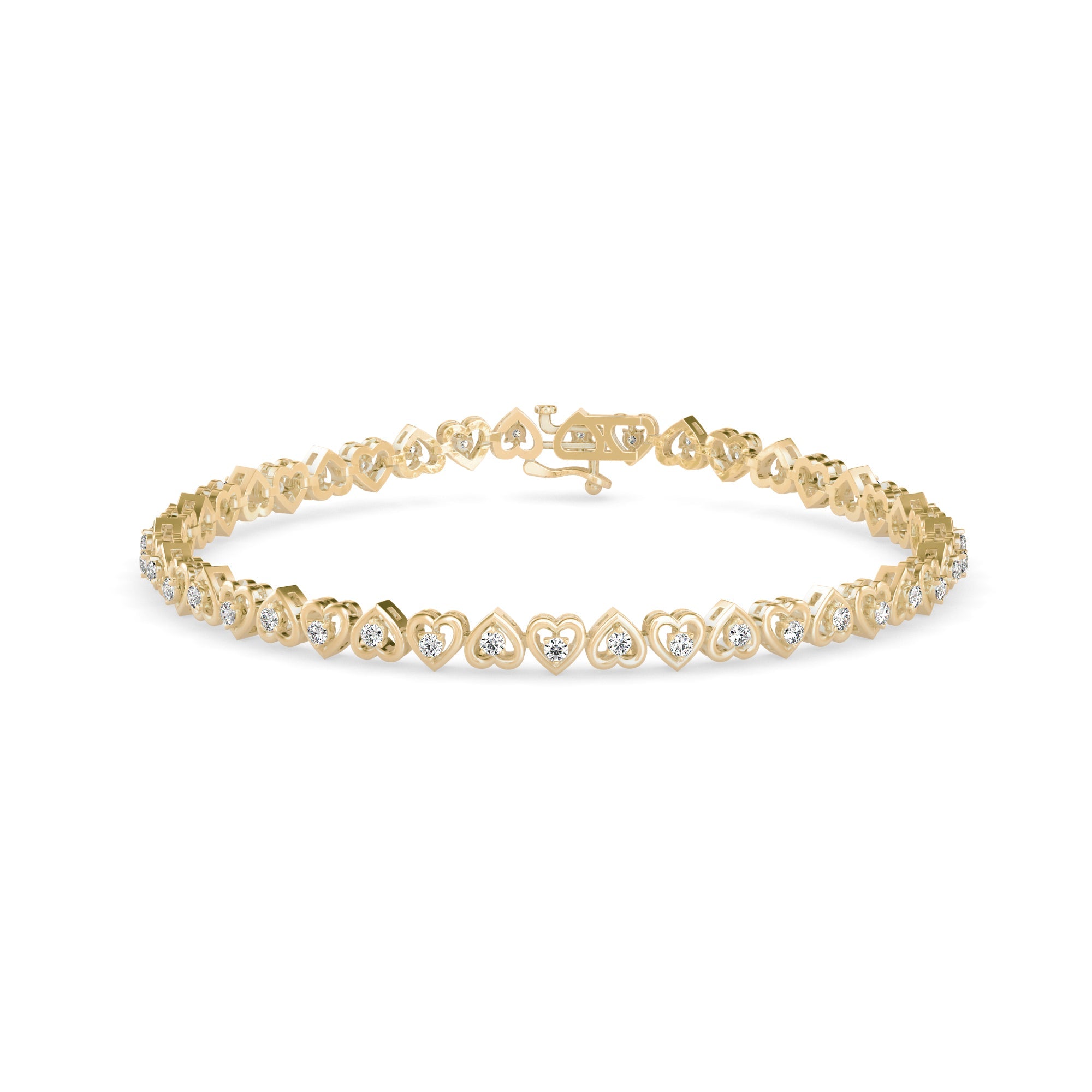 Graceful tennis bracelet featuring heart-shaped links and 2.62 ct round diamonds in 8.81 gm of 18kt gold. Lab grown diamond jewellery for an ethical choice.