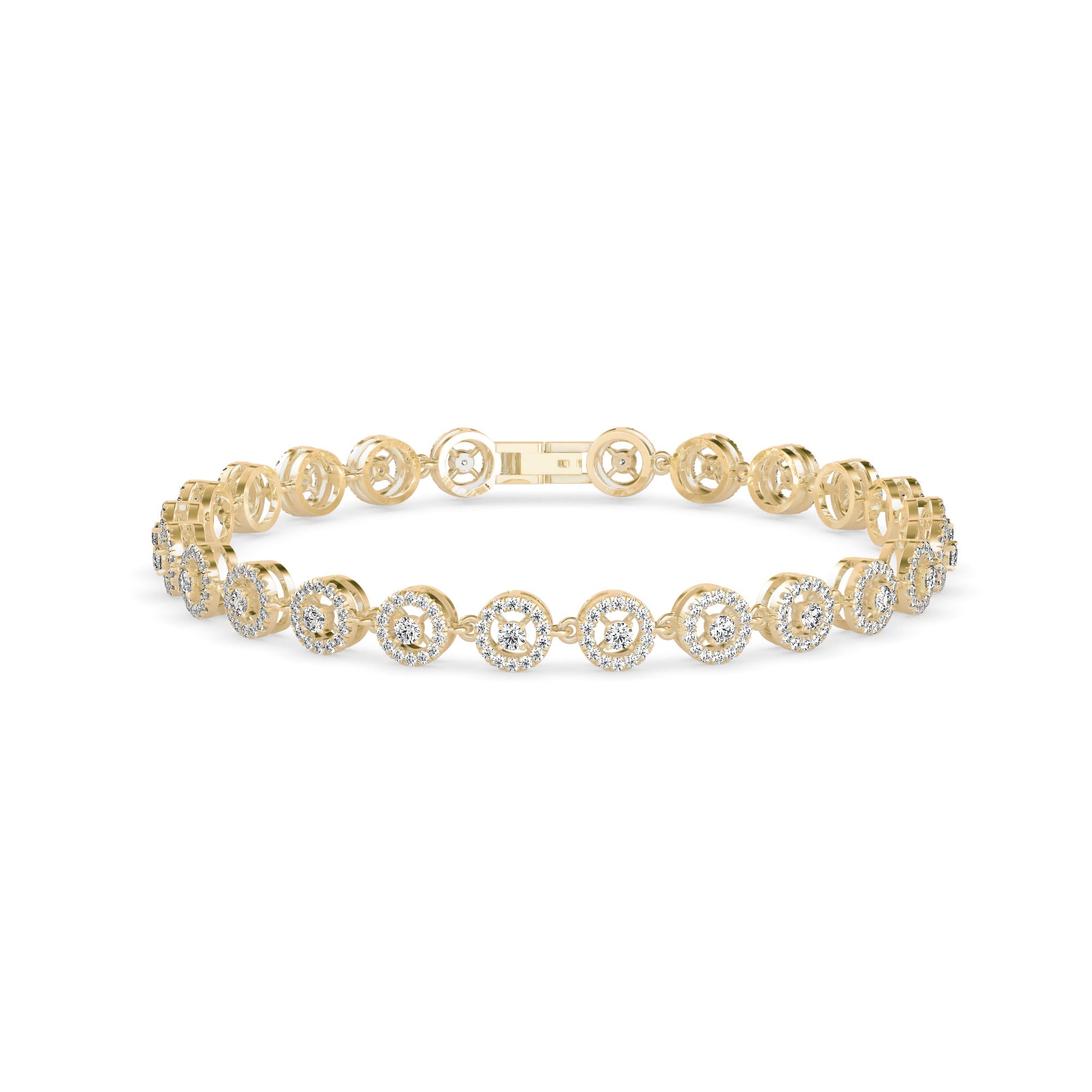 Radiant tennis bracelet with halo circle design, adorned with 1.85 ct round lab-grown diamonds in 12.55 gm of 18kt gold. Elevate your style ethically.